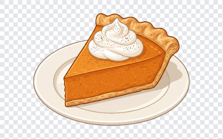 Pumpkin Pie Slice Thanksgiving Graphic PNG featuring a realistic illustration on a plate, perfect for holiday designs and menus, transparent background PNG.