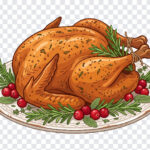 Roasted Thanksgiving Turkey Graphic PNG illustration with herbs and cranberries, perfect for holiday designs, transparent background PNG.