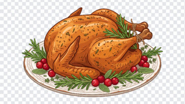 Roasted Thanksgiving Turkey Graphic PNG illustration with herbs and cranberries, perfect for holiday designs, transparent background PNG.