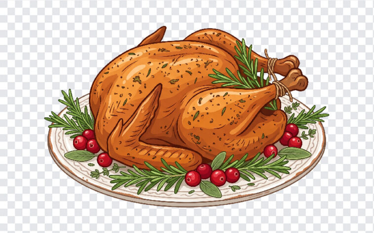 Roasted Thanksgiving Turkey Graphic PNG illustration with herbs and cranberries, perfect for holiday designs, transparent background PNG.