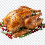 Roasted Turkey PNG with herbs and cranberries, perfect for holiday menus, transparent background PNG.