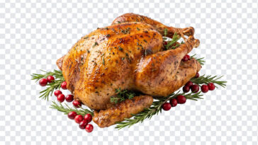 Roasted Turkey PNG with herbs and cranberries, perfect for holiday menus, transparent background PNG.