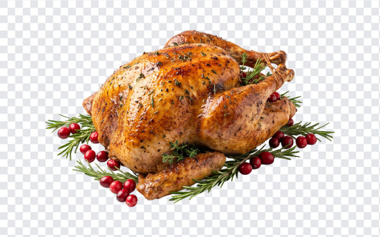 Roasted Turkey PNG with herbs and cranberries, perfect for holiday menus, transparent background PNG.