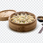 Steamed Dumplings Bamboo Basket Transparent PNG showing delicious dumplings in a bamboo steamer, ideal for culinary blogs and menu designs, transparent background PNG.