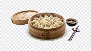 Steamed Dumplings Bamboo Basket Transparent PNG showing delicious dumplings in a bamboo steamer, ideal for culinary blogs and menu designs, transparent background PNG.