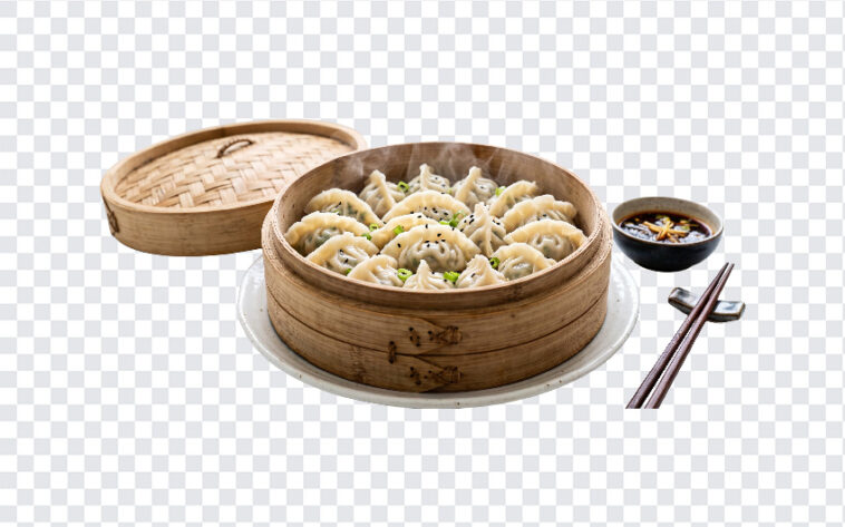 Steamed Dumplings Bamboo Basket Transparent PNG showing delicious dumplings in a bamboo steamer, ideal for culinary blogs and menu designs, transparent background PNG.