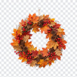 Thanksgiving Autumn Leaves Wreath PNG featuring vibrant fall colors, perfect for seasonal designs, transparent background PNG.