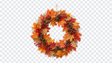 Thanksgiving Autumn Leaves Wreath PNG featuring vibrant fall colors, perfect for seasonal designs, transparent background PNG.