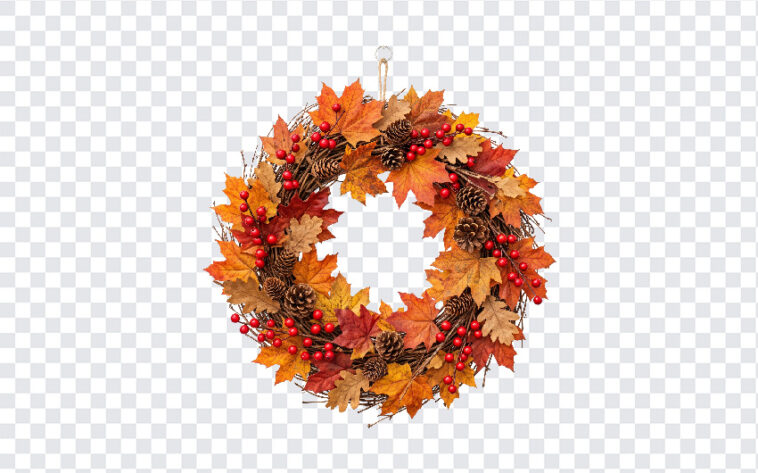 Thanksgiving Autumn Leaves Wreath PNG featuring vibrant fall colors, perfect for seasonal designs, transparent background PNG.