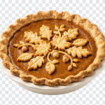 Thanksgiving Day Pumpkin Pie PNG with decorative crust, perfect for holiday designs, transparent background PNG.