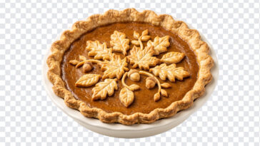 Thanksgiving Day Pumpkin Pie PNG with decorative crust, perfect for holiday designs, transparent background PNG.