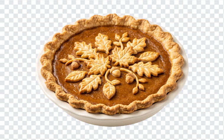 Thanksgiving Day Pumpkin Pie PNG with decorative crust, perfect for holiday designs, transparent background PNG.
