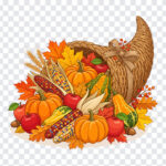 Thanksgiving Harvest Cornucopia Graphic PNG featuring autumn produce and leaves, perfect for seasonal designs, transparent background PNG.