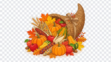 Thanksgiving Harvest Cornucopia Graphic PNG featuring autumn produce and leaves, perfect for seasonal designs, transparent background PNG.