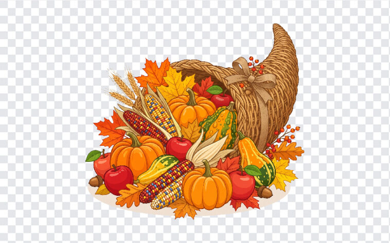 Thanksgiving Harvest Cornucopia Graphic PNG featuring autumn produce and leaves, perfect for seasonal designs, transparent background PNG.