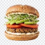 Vegan Plant Based Veggie Burger Transparent PNG with fresh ingredients, ideal for menus, transparent background PNG.