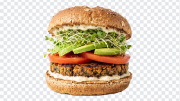 Vegan Plant Based Veggie Burger Transparent PNG with fresh ingredients, ideal for menus, transparent background PNG.