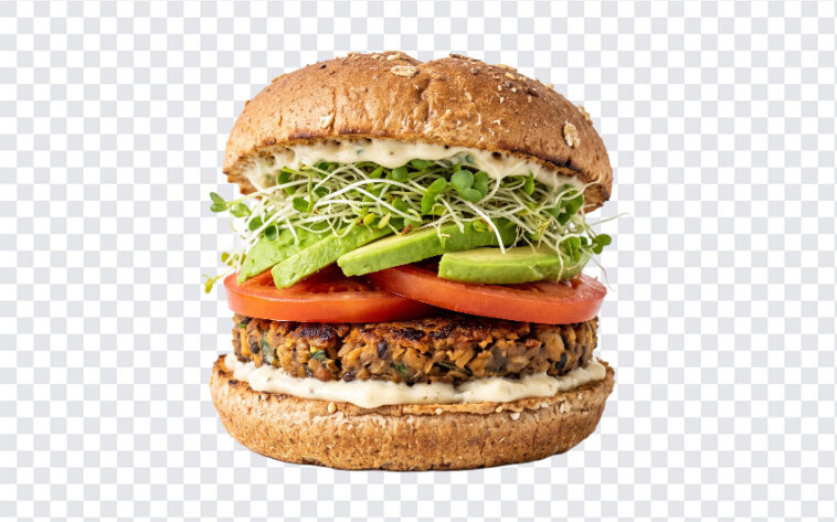 Vegan Plant Based Veggie Burger Transparent PNG with fresh ingredients, ideal for menus, transparent background PNG.