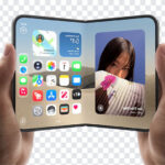 Apple IPhone Duo In Hands PNG showcasing foldable design and apps on transparent background PNG.