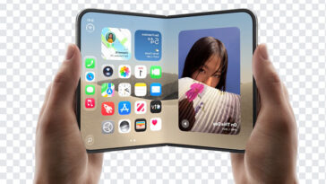 Apple IPhone Duo In Hands PNG showcasing foldable design and apps on transparent background PNG.