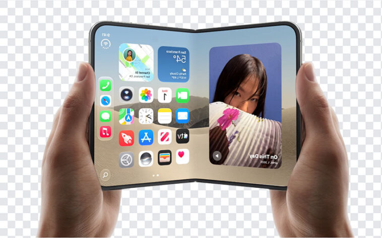 Apple IPhone Duo In Hands PNG showcasing foldable design and apps on transparent background PNG.
