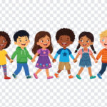 Diverse Children Holding Hands Cartoon Transparent PNG in colorful illustration, perfect for educational materials and digital projects with transparent background PNG.