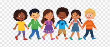 Diverse Children Holding Hands Cartoon Transparent PNG in colorful illustration, perfect for educational materials and digital projects with transparent background PNG.