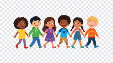 Diverse Children Holding Hands Cartoon Transparent PNG in colorful illustration, perfect for educational materials and digital projects with transparent background PNG.