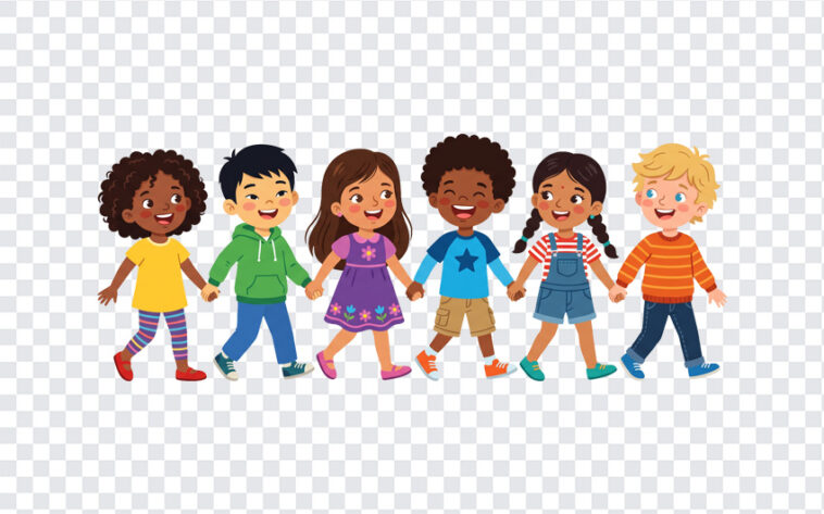 Diverse Children Holding Hands Cartoon Transparent PNG in colorful illustration, perfect for educational materials and digital projects with transparent background PNG.