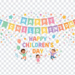 Happy Childrens Day Bunting Banner Transparent PNG with colorful design for celebrations, transparent background PNG.