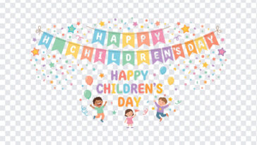 Happy Childrens Day Bunting Banner Transparent PNG with colorful design for celebrations, transparent background PNG.