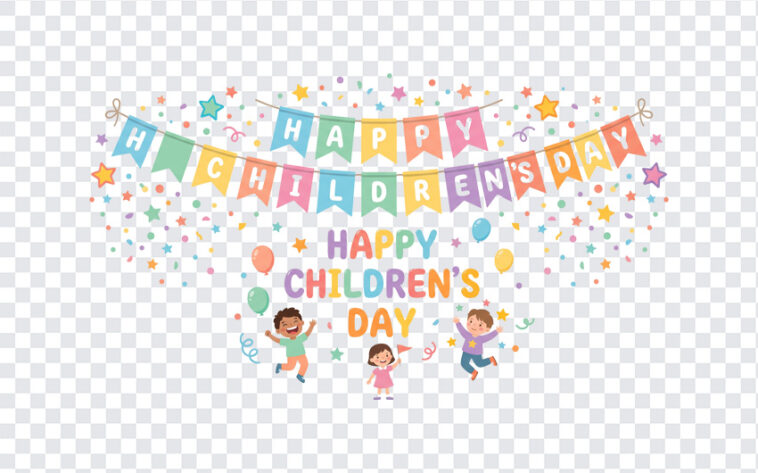 Happy Childrens Day Bunting Banner Transparent PNG with colorful design for celebrations, transparent background PNG.