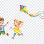 Kids Flying Kite Cartoon Transparent PNG featuring two children playing with a kite, ideal for educational materials, digital projects, and playful designs with a transparent background PNG.
