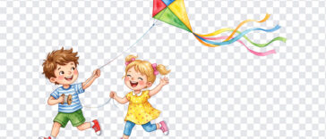 Kids Flying Kite Cartoon Transparent PNG featuring two children playing with a kite, ideal for educational materials, digital projects, and playful designs with a transparent background PNG.
