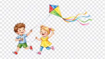 Kids Flying Kite Cartoon Transparent PNG featuring two children playing with a kite, ideal for educational materials, digital projects, and playful designs with a transparent background PNG.