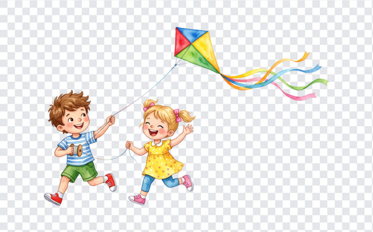 Kids Flying Kite Cartoon Transparent PNG featuring two children playing with a kite, ideal for educational materials, digital projects, and playful designs with a transparent background PNG.