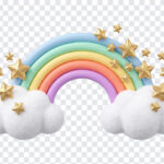 Rainbow Clouds Stars Kawaii Decoration Transparent PNG with cute design for crafts and digital art, transparent background PNG.