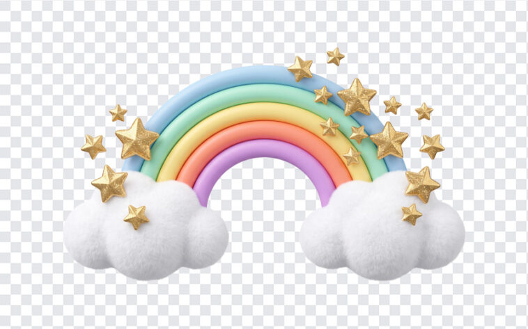Rainbow Clouds Stars Kawaii Decoration Transparent PNG with cute design for crafts and digital art, transparent background PNG.
