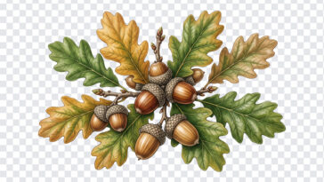 Acorns And Oak Leaves PNG with realistic illustration for nature-themed designs, transparent background PNG.
