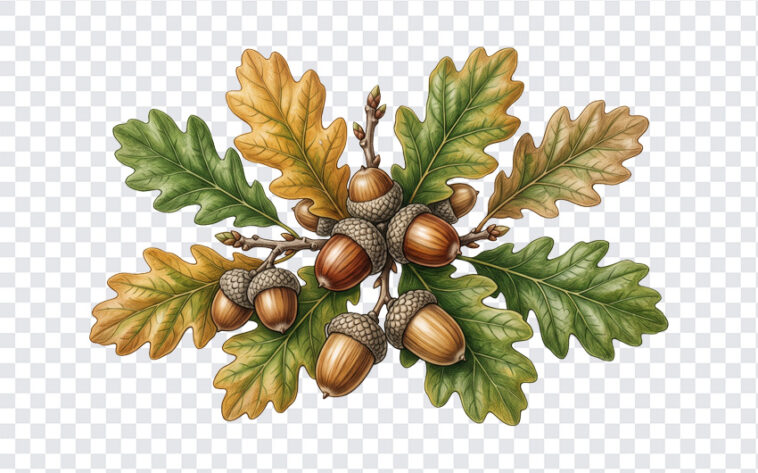 Acorns And Oak Leaves PNG with realistic illustration for nature-themed designs, transparent background PNG.