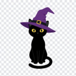 Black Cat With Witch Hat PNG in a whimsical cartoon style, perfect for Halloween designs, transparent background PNG.