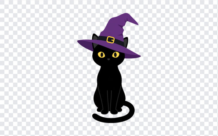 Black Cat With Witch Hat PNG in a whimsical cartoon style, perfect for Halloween designs, transparent background PNG.