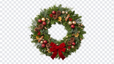 Christmas Wreath With An Empty Centre PNG featuring festive decorations, ideal for holiday designs, transparent background PNG.