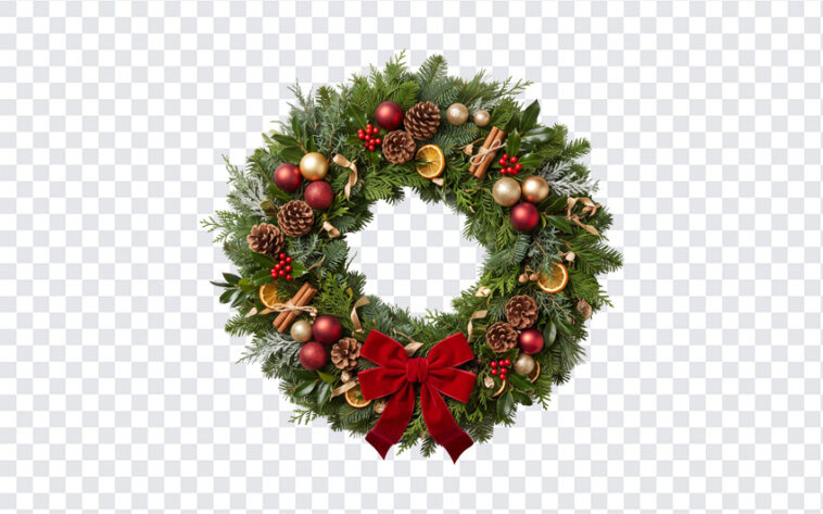 Christmas Wreath With An Empty Centre PNG featuring festive decorations, ideal for holiday designs, transparent background PNG.