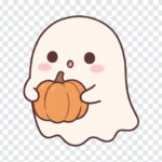 Cute Ghost Holding A Pumpkin PNG in kawaii style, perfect for Halloween designs, transparent background PNG.