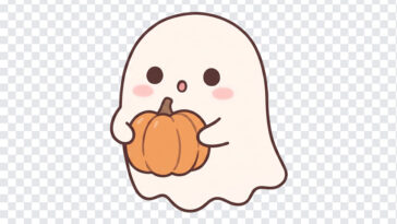 Cute Ghost Holding A Pumpkin PNG in kawaii style, perfect for Halloween designs, transparent background PNG.