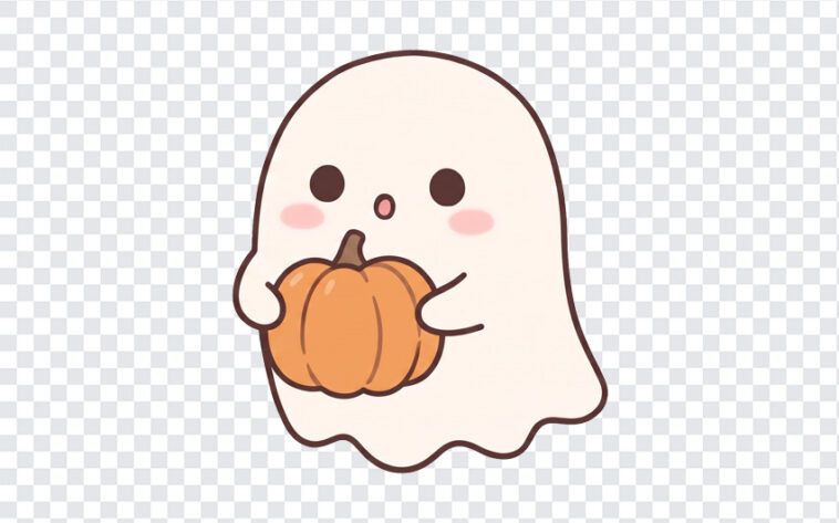 Cute Ghost Holding A Pumpkin PNG in kawaii style, perfect for Halloween designs, transparent background PNG.
