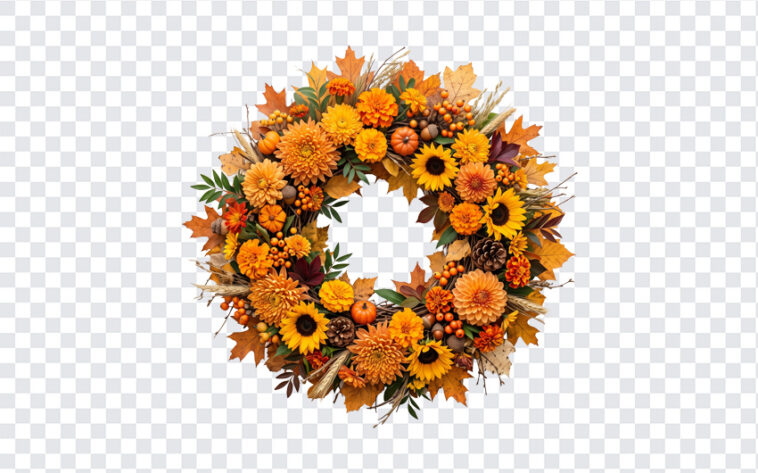 Fall Floral Wreaths PNG featuring vibrant autumn colors, perfect for seasonal designs, transparent background PNG.
