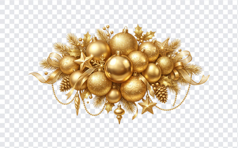 Gold Christmas Ornament Clusters PNG with festive design, ideal for holiday projects, transparent background PNG.