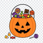 Halloween Candy Bucket PNG featuring a jack-o'-lantern filled with candy, perfect for Halloween designs, transparent background PNG.